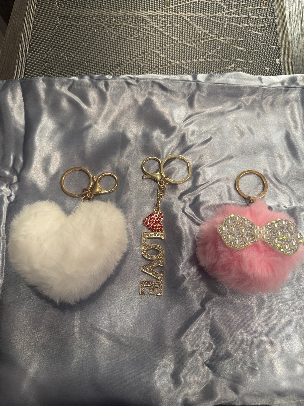 Faux Fur Heart and Pom Keychain Set - White & Pink